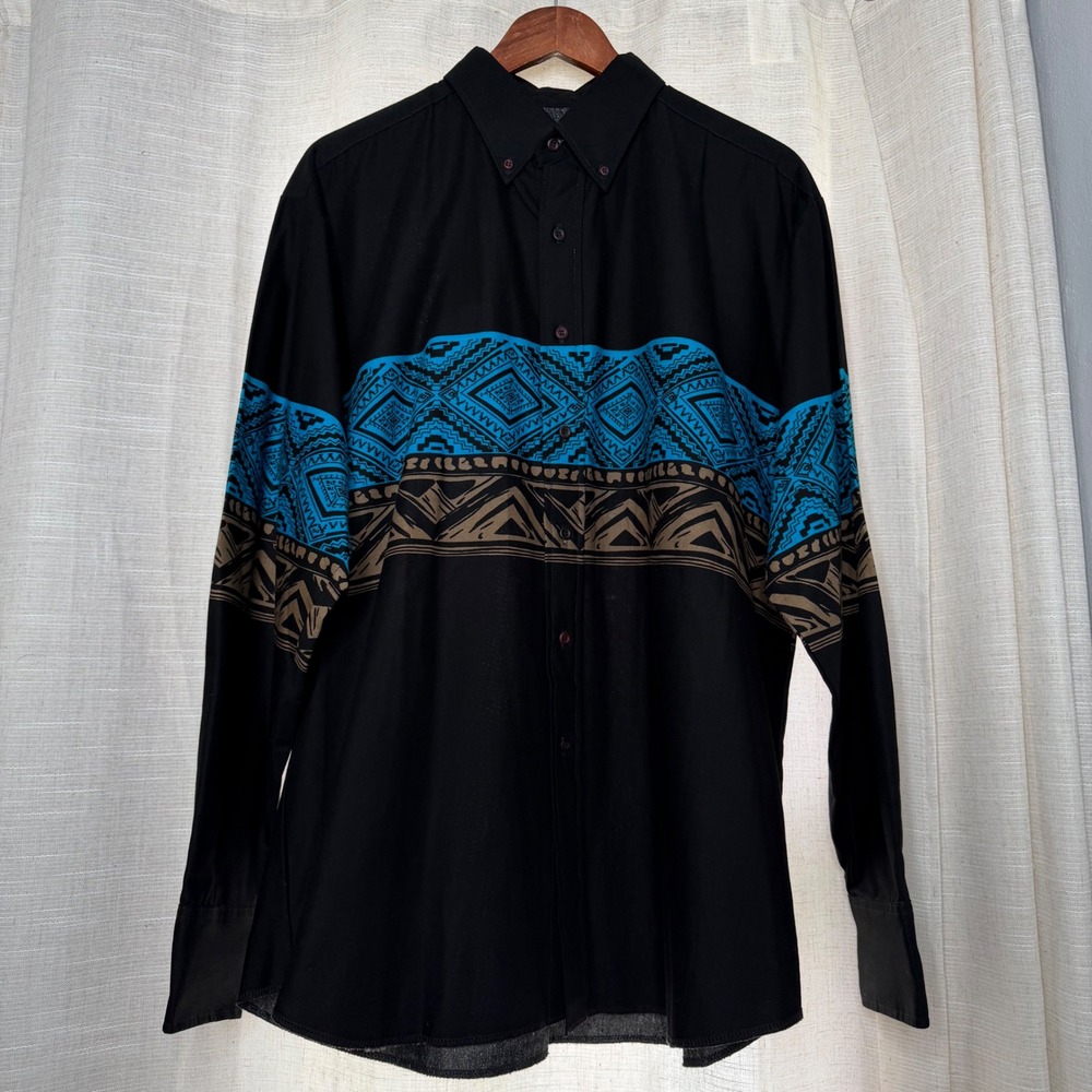 Vintage Panhandle Slim‎ Western Shirt Aztec Geometric Black Blue Mens 17.5/36 XL